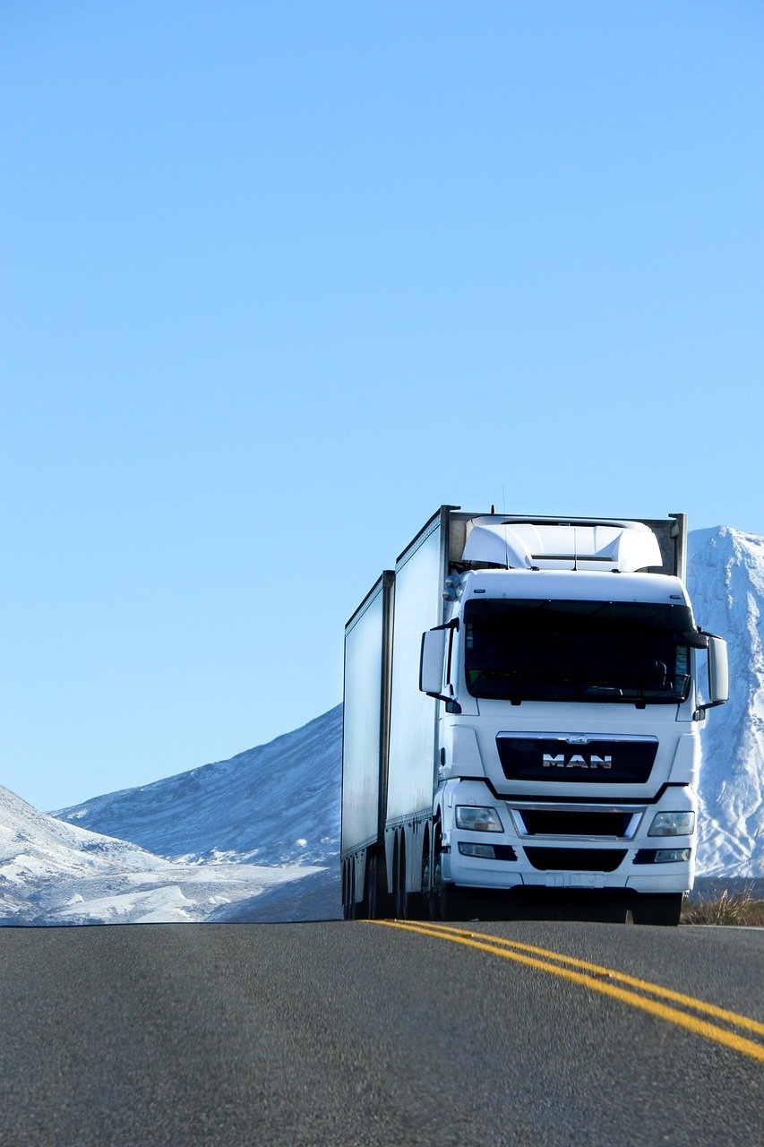 truck, road, nature, vehicle, snow, white, blue, lorry, transport, blue road, blue truck, blue snow
